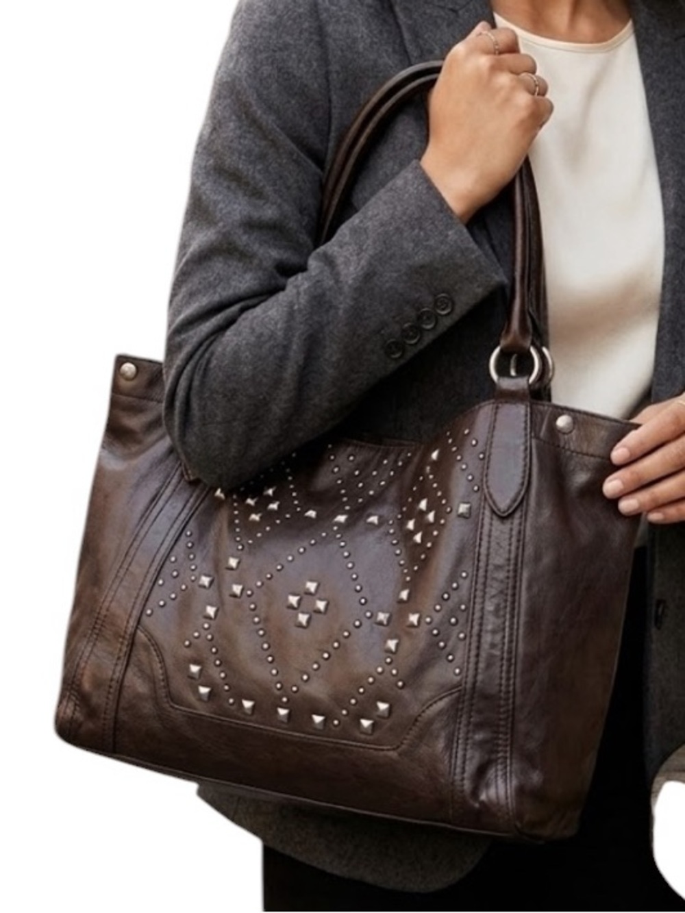 Frye Melissa Native Sun Slouchy Shoulder Bag Satchel Large Brown Leather Studded